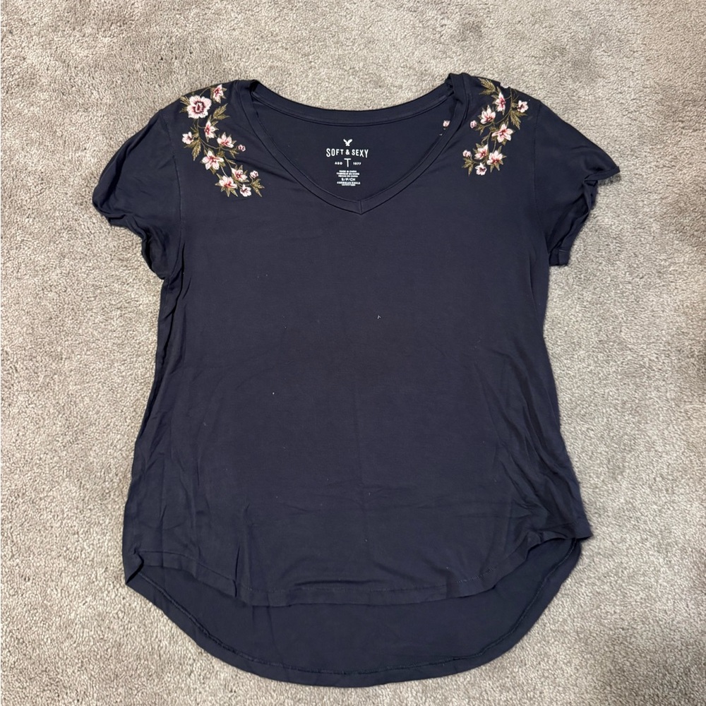 American Eagle Outfitters Dark Blue Floral Tee
